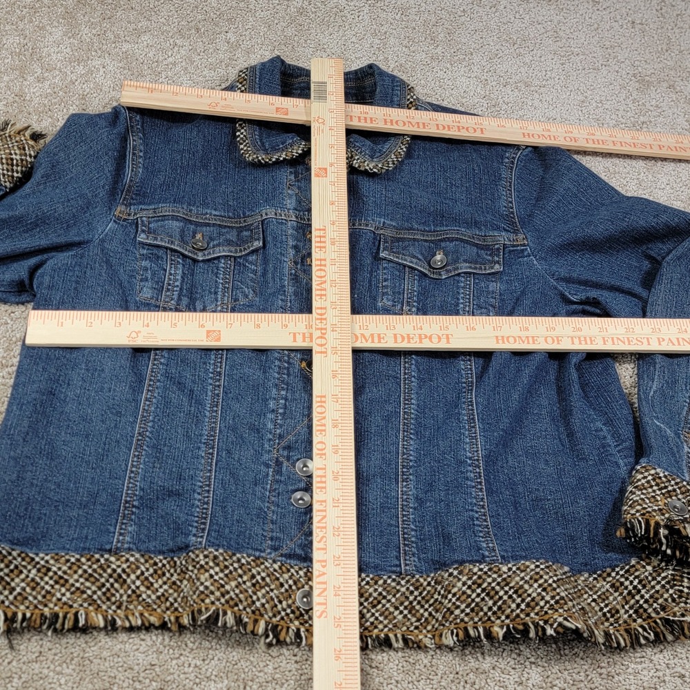 Coldwater Creek Womens W20 Denim Jacket Tweed Trim Fringe Blue Jean Button Up - Picture 4 of 5